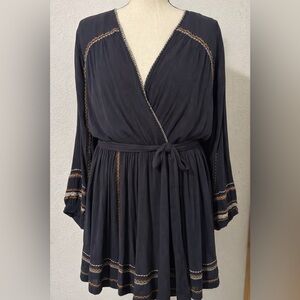 Free People Boho Black Wrap Dress with Contrast Trim